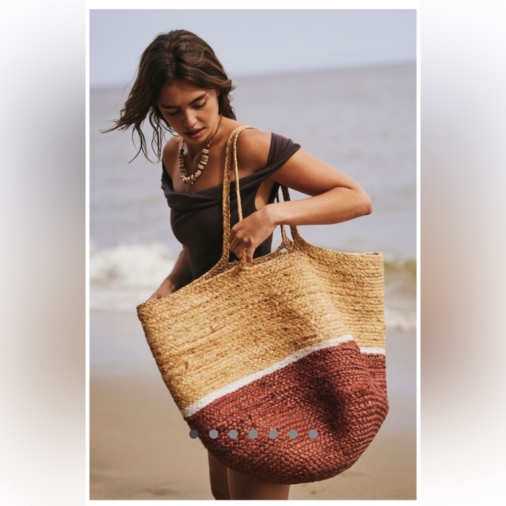 Free People Woven Tan and Brown Tote - Picture 7 of 8